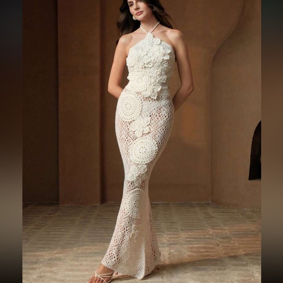 Other - Lace floral crochet patchwork swimsuit cover up dress  Elegant White Lace Halter